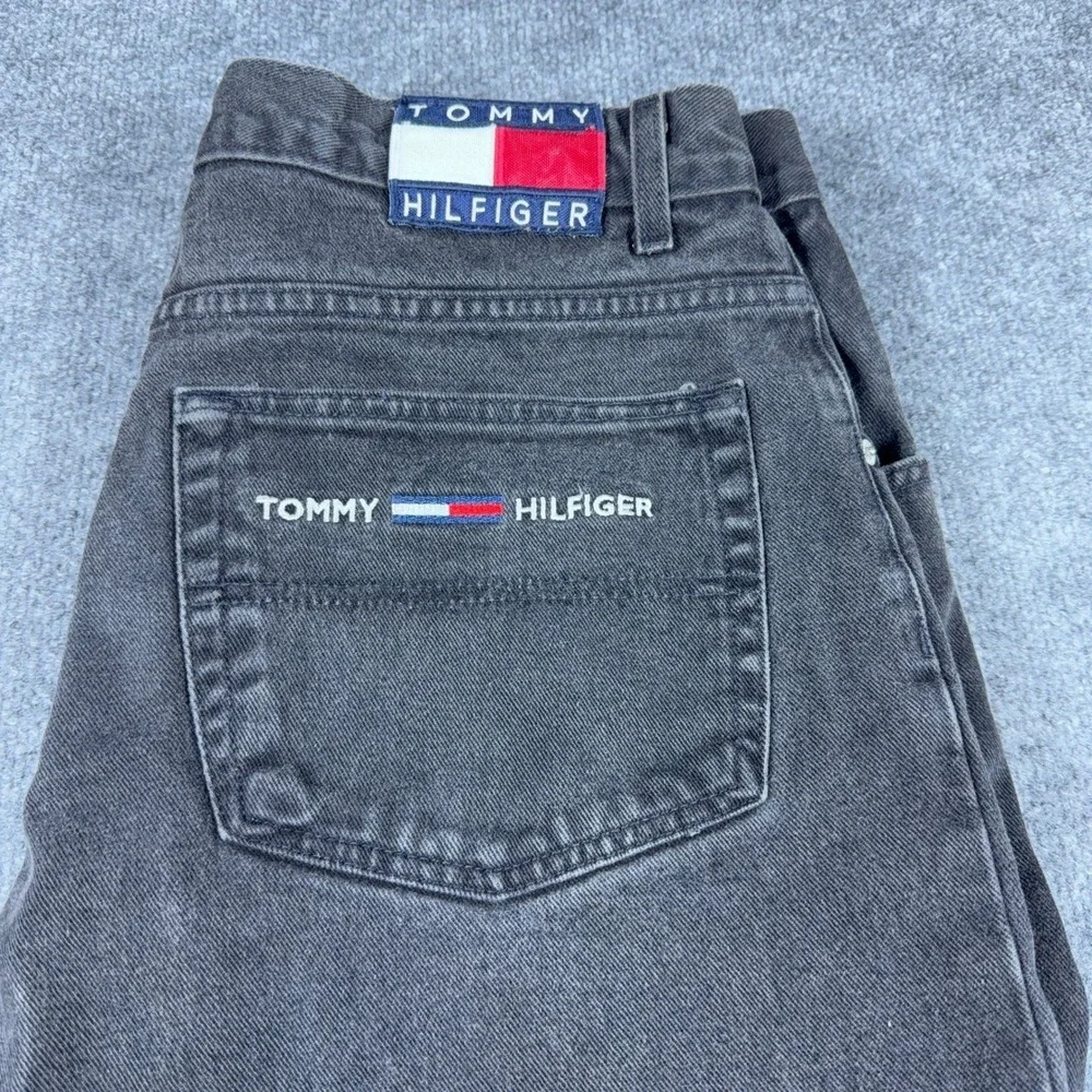 Tommy Hilfiger Vintage Mens Jeans Faded Black Straight Leg Flag Logo Denim 36x34